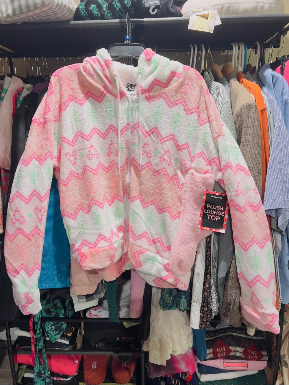 Saturdaze Plush Lounge Top Full-Zip Christmas Hoodie in Pink Fair Isle